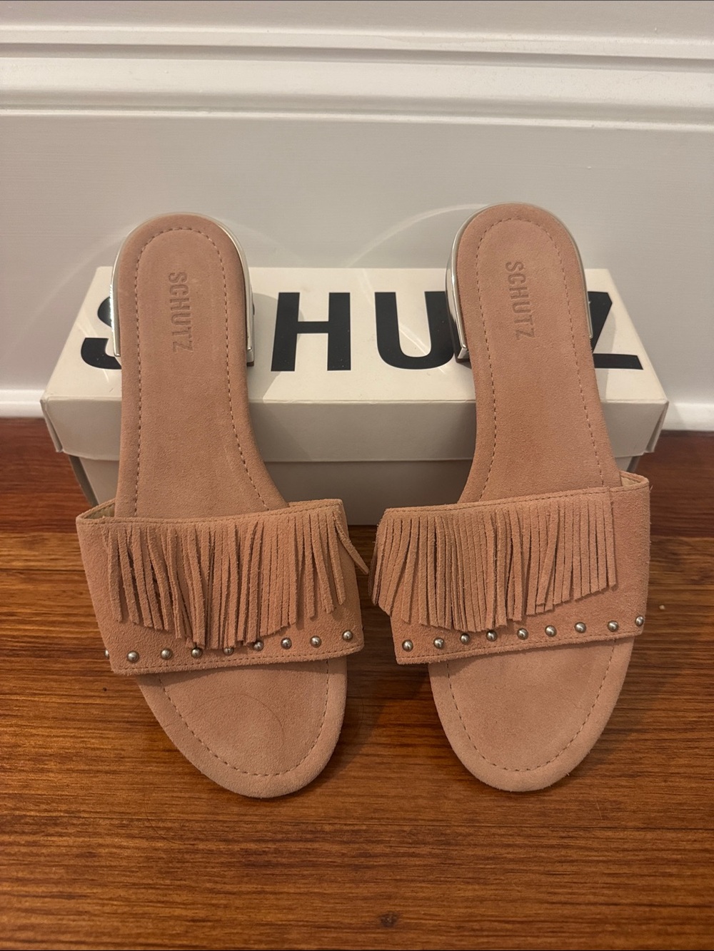 SCHUTZ Blush Fringe Slide Sandals